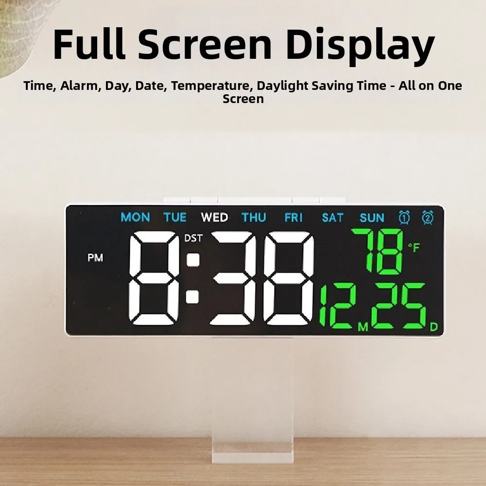 12/24H Format LED Electronic Clock Date Week 2 Alarms Large Digital Clock Auto-Dimmer 3 Levels Brightness Alarm Clock Home Use