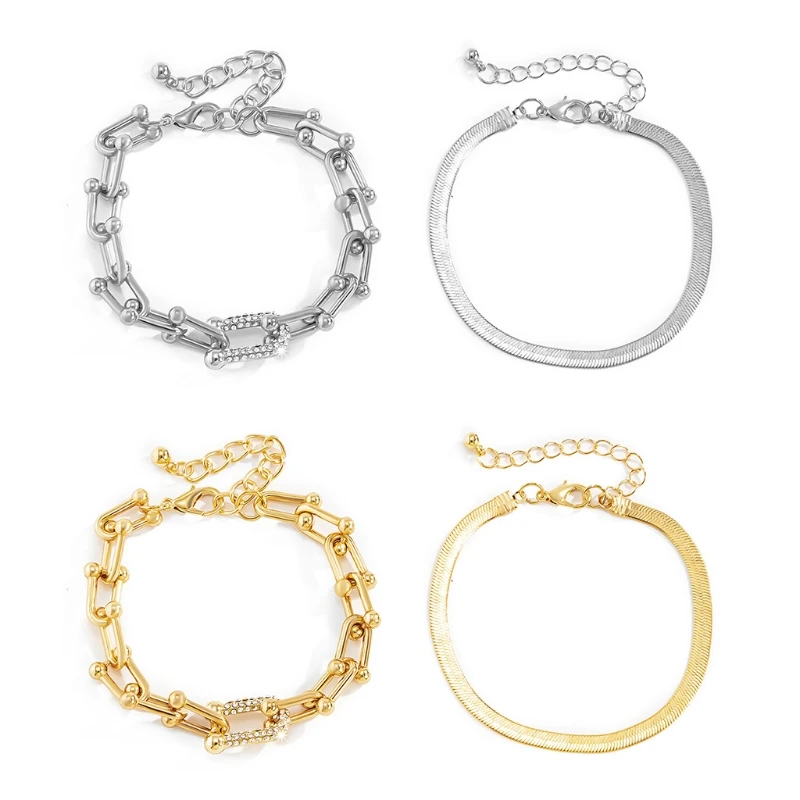 Alloy Diamond U-shaped Buckle Flat Snake Chain Bracelet Set Thin Flat Gold/White K Color Bracelet for Chirstmas Gift