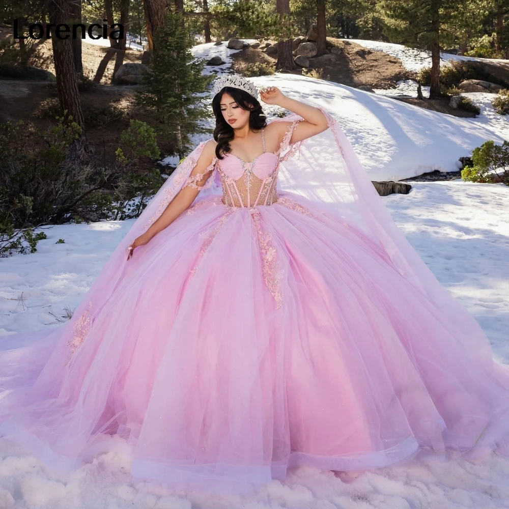 

Блестящие розовые платья Quinceanera по индивидуальному заказу, бальное платье с кружевной аппликацией, блестящая накидка с бисером, корсет Sweet 16,