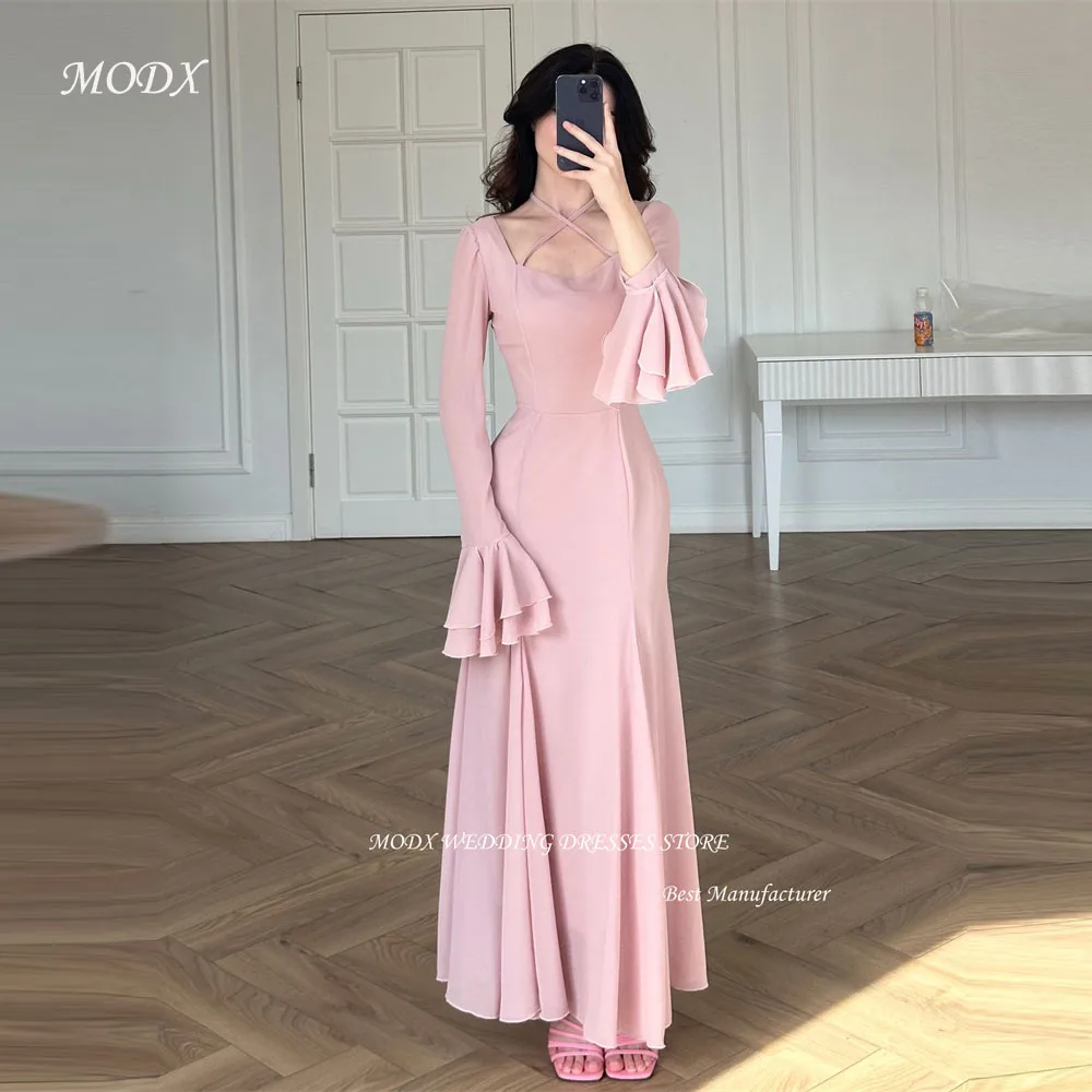 

MODX Vintage Blush Pink Mermaid Party Evening Dresses Long Sleeves Chiffon Wedding Party Prom Gowns Formal Occasion