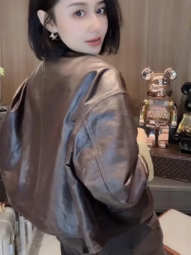 両面着用可能 イープスキン 本革 ジャケット ラウンドネック ルーズトップ 2024年秋新作 スレ タンナリーレザー オルトコート レディース