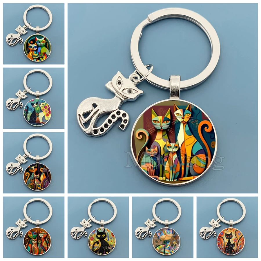 2025 Abstract Cat Keychain Creative Cat Home Pattern Glass Dome Keychain I Love Cat Jewelry Gift Wholesale