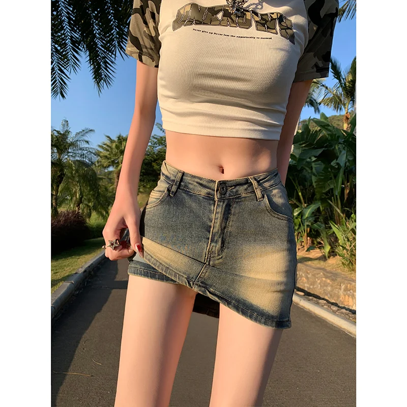 Trendy Low Rise Denim Skirt Women Denim Skirt Slimming Bodycon Mini Skirt Anti Exposure Short Skirt
