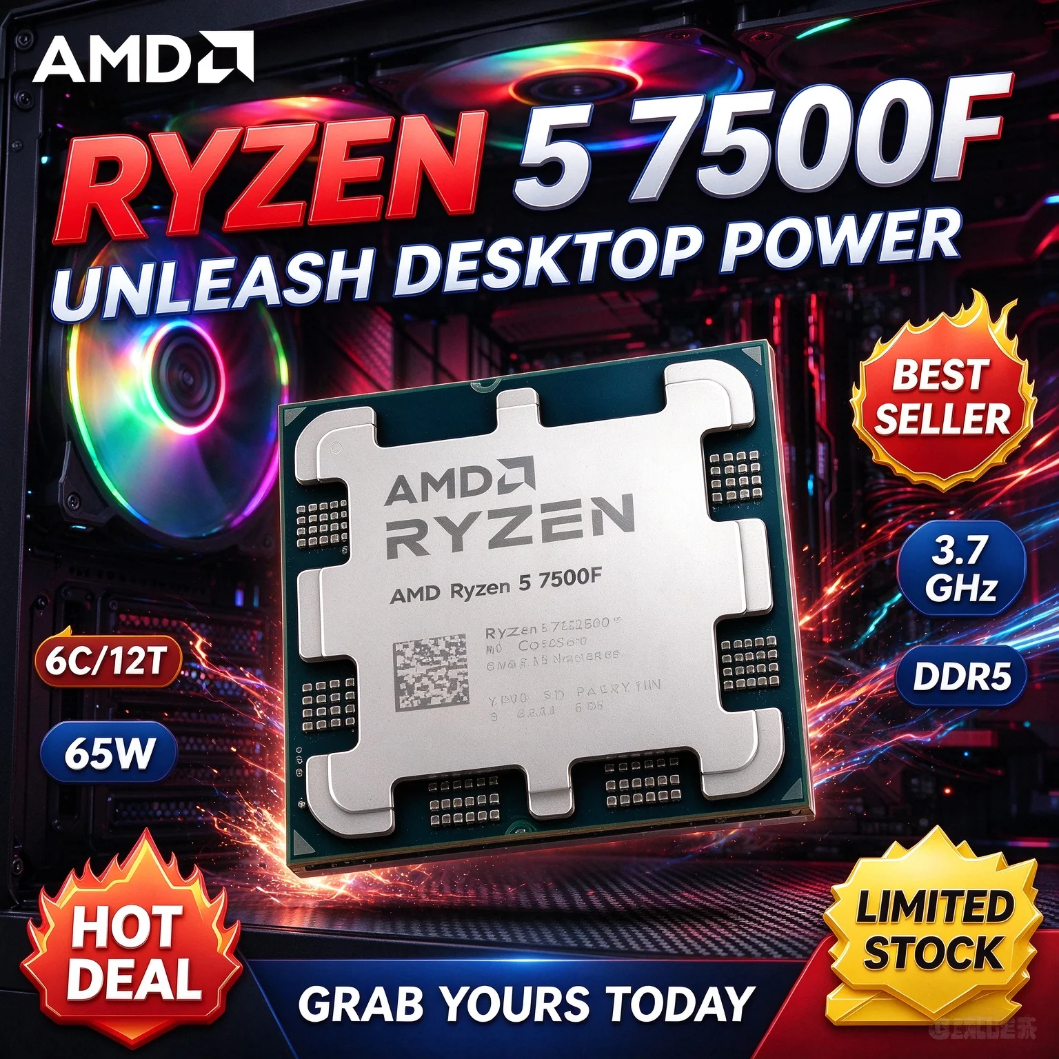 100% Brand New And Original New AMD Ryzen 5 7500F Socket AM5 DDR5 5NM L3=32M 6-Core 12-Thread 3.7GHz 65W Processor R5 7500F