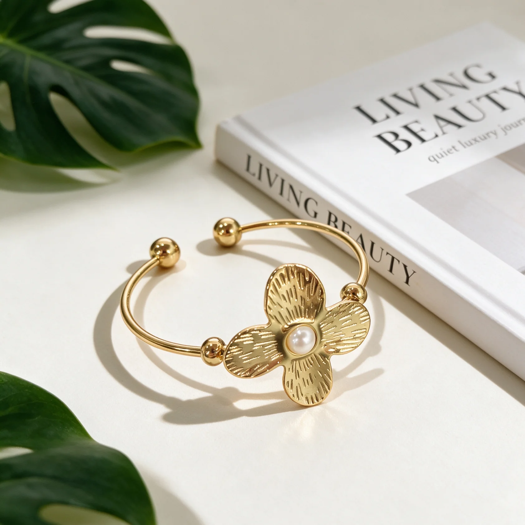 1 Piece Light Luxury French Style Stainless Steel Embossed Flower Imitation Pearl Open Cuff Bangle For Women Dating Travel Wear