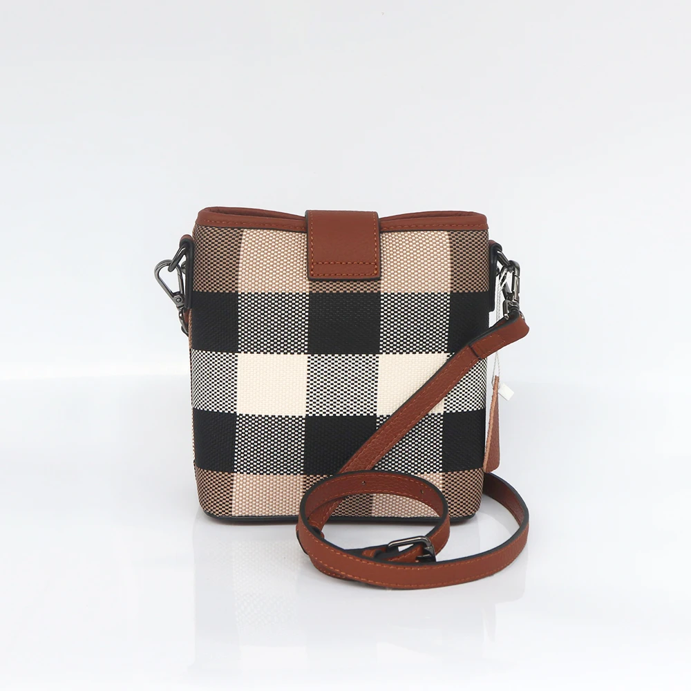 Fashion Stripe Canvas Women Shoulder Bag Luxury Plaid Leather Female Bucket Messenger Bag Retro Lady Crossbody Purse Handbag