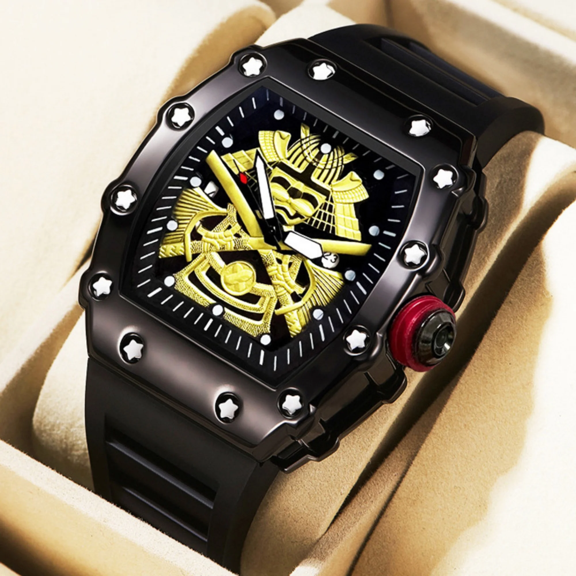 Men Quartz Wristwatch Tonneau Square Hollow Samurai Dial Silicone Rubber Strap Luminous Pointer Sport Male Wrist Watch Fashion