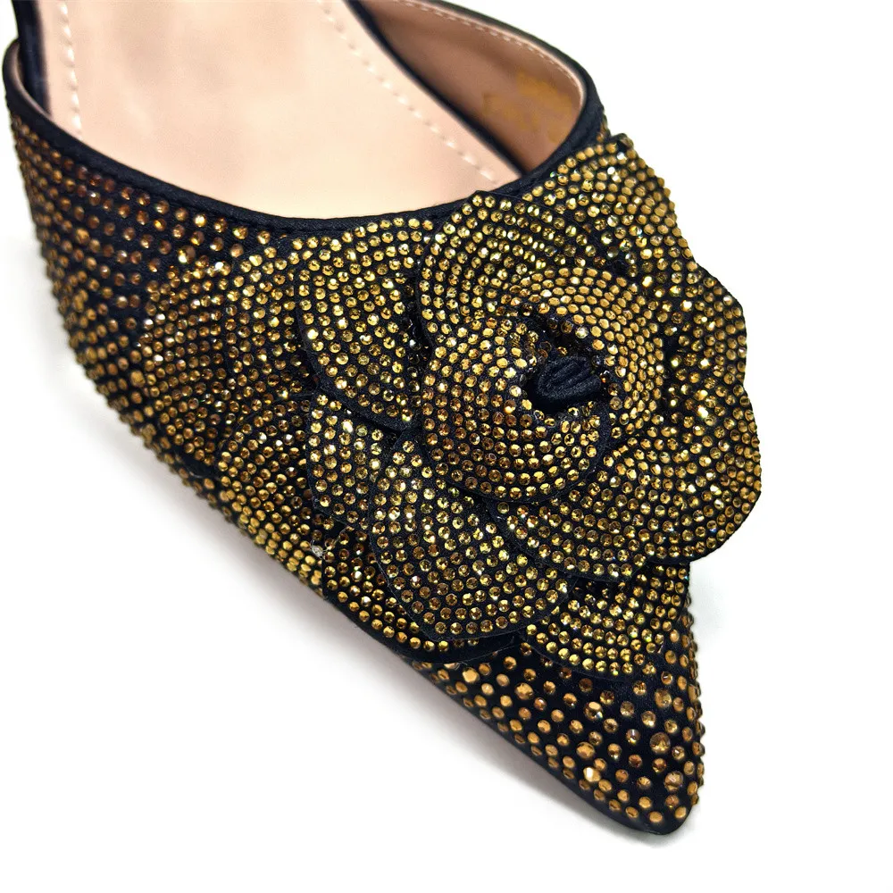 New Italian Design Faux Snakeskin Texture Black Shoes And Bags Rhinestones Embellished Pointed Toe High Heels Fine Handbags image 4