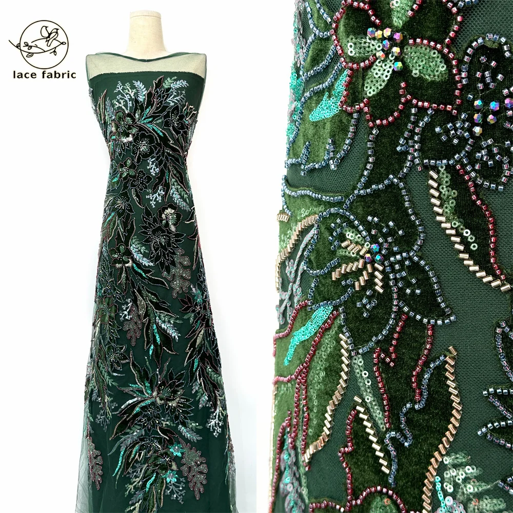 

Зеленое африканское бархатное кружево с бисером и тяжелой вышивкой, высококачественное французское нигерийское кружево с пайетками для пошива праздничных платьев, коллекция 2026 года