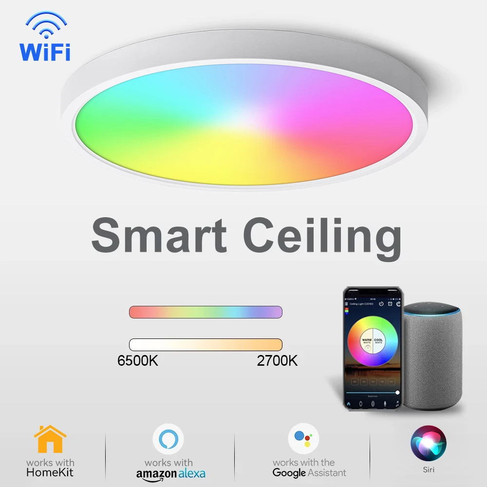 

Светодиодный потолочный светильник HomeKit, ультратонкая круглая лампа с регулируемой яркостью, RGB + CW + WW, умное современное освещение для Alexa Google
