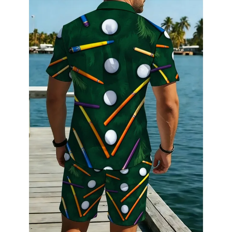 Men's Green Billiards Printed Two-Piece Set Short Sleeve Shirt Long Pants Polyester Lightweight Durable Beach Casual Outfit - view 2