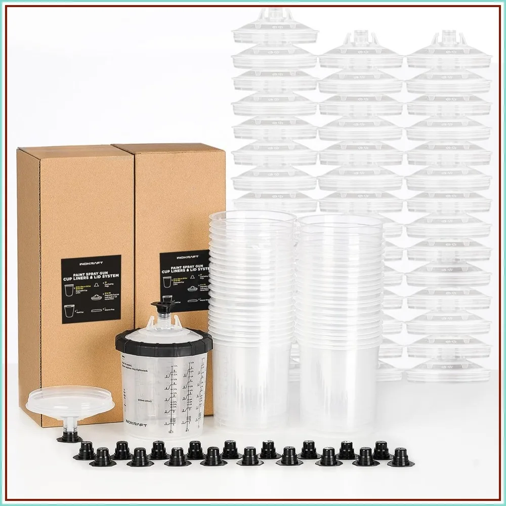

Disposable Paint Spray Gun Cup, 22oz Kit with 45 Cups & Lids, 1 Hard Cup, Retainer Ring & 20 Plugs for HVLP/LVLP Spray Guns