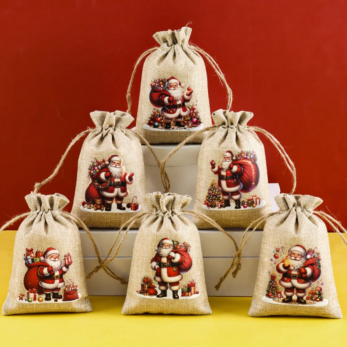 6pcs Christmas Drawstring Gift Bags Santa Claus Designs Burlap Storage Bags Christmas Decorations 2026 Festive Party Supplies