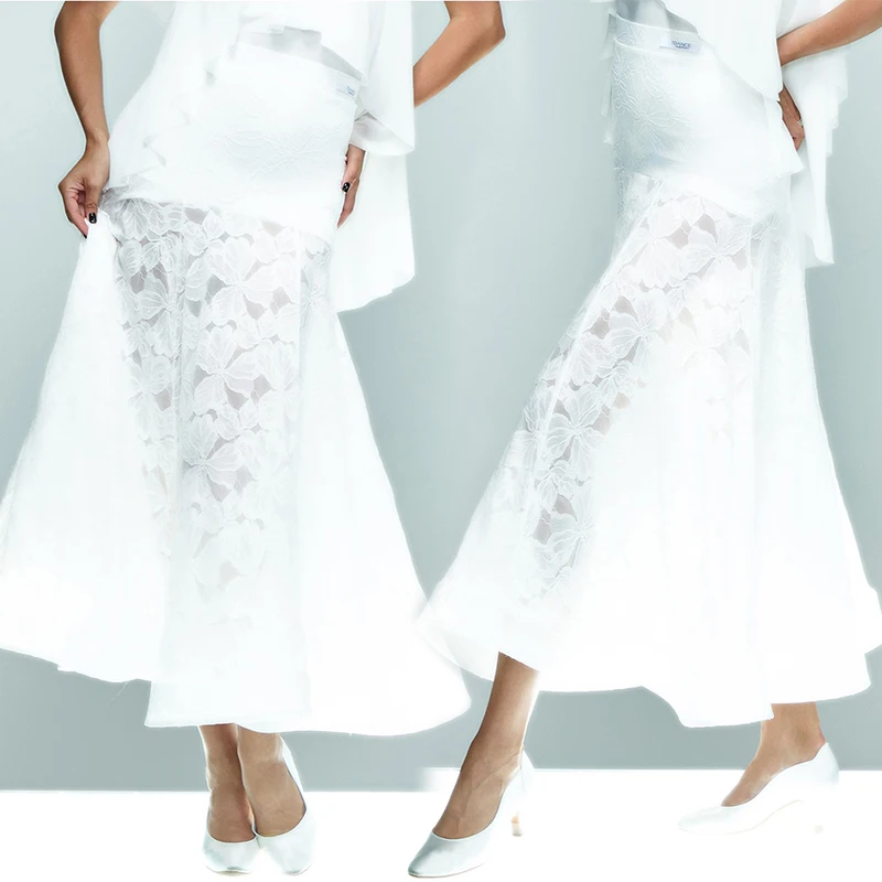 

White Lace Ballroom Dance Skirt Women Adult Waltz Dance Clothes Latin Performance Costume Practice Wear Fishbone Skirt DNV24264