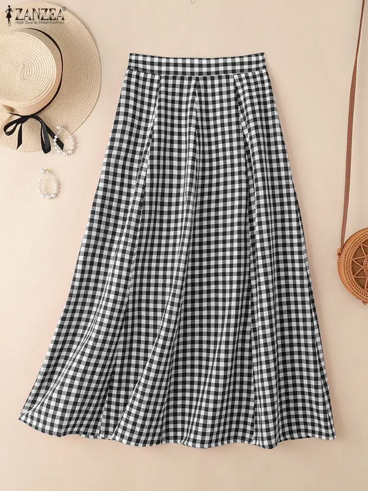 2025 ZANZEA Women Plaid Checked Long Skirts Autumn Jupes Elegant