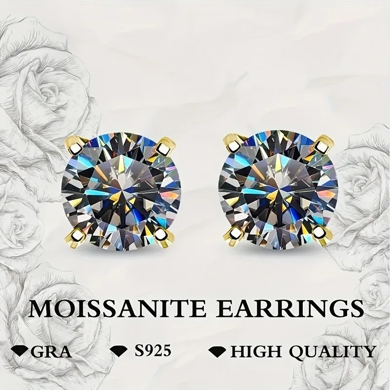 Classic Grey Moissanite Earrings 1/2/3CT for Women Men, Hand-Set with GRA Certificate, Velvet Pouch & Polishing Cloth