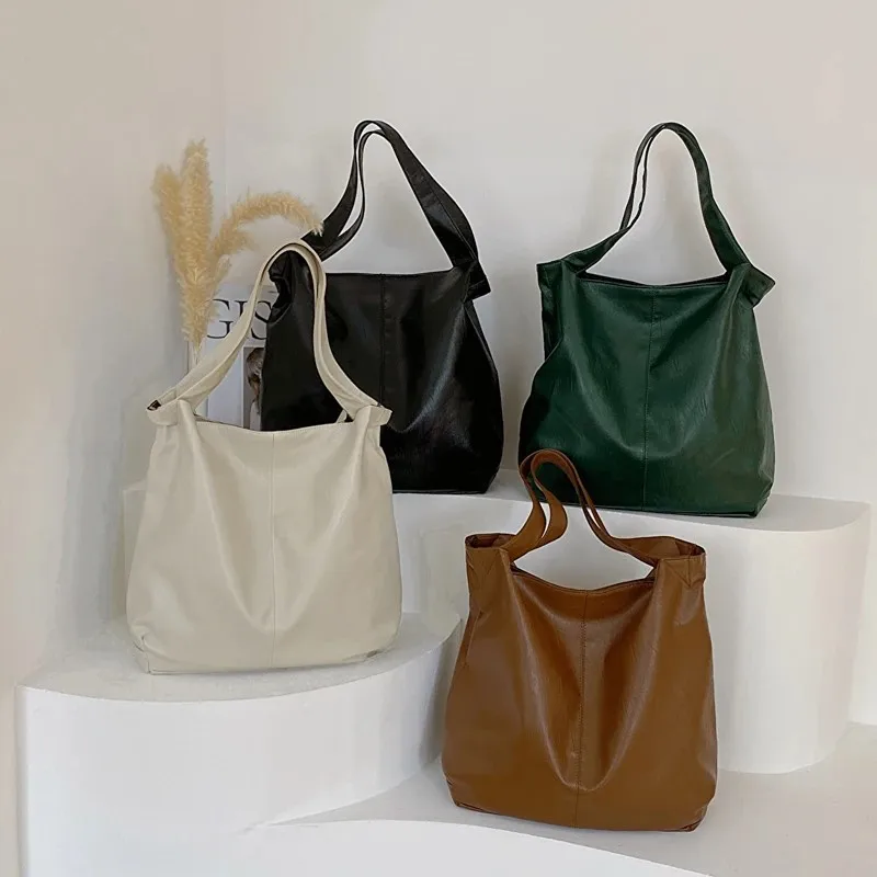 Big Pu Leather Tote Bags Women Korean Simple Large Capacity Shoulder Bag 2024 New Fashion Retro Travel Shopper Handbags Female