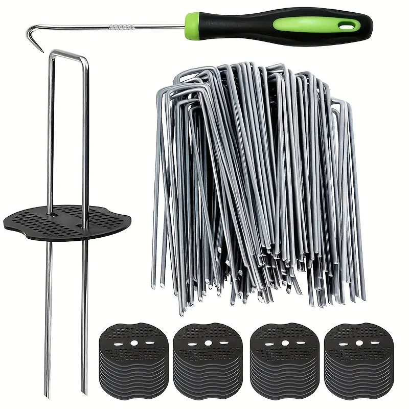 

101pcs Garden Stakes Set - U-shaped Galvanized Landscape Staples With Plastic Fixing Washers And Installation Hook Tool For Weed