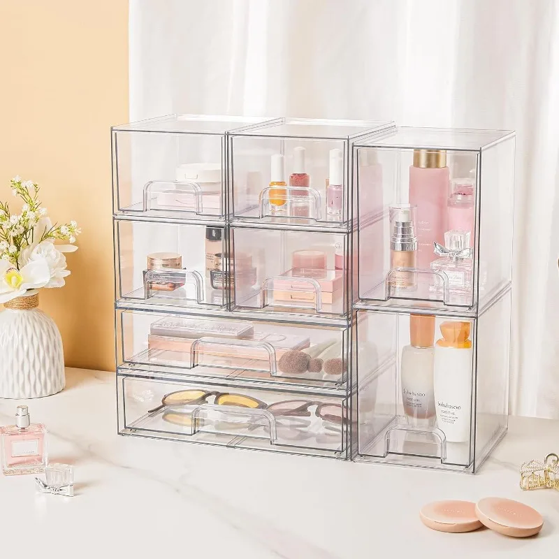 Stackable Storage Drawers Set of 5, Clear Plastic Organizer Bins for Beauty Supplies,Ideal for Vanity, Bathroom,Cabinet