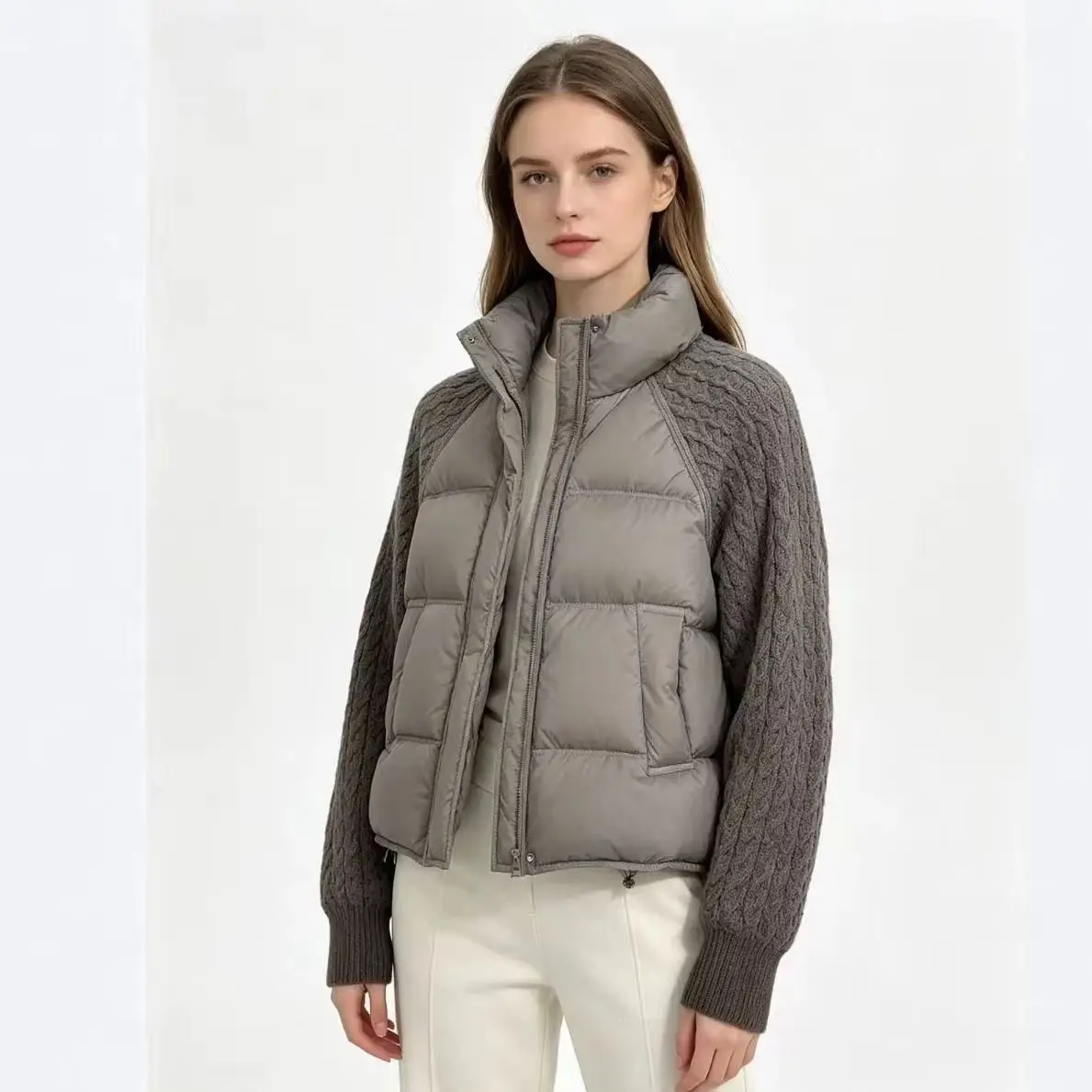 Winter Womens Sleeve Thick Down Cotton Padded Short Spliced Stand Collar Zipper Casual Plus Size Women's Padded Jacket