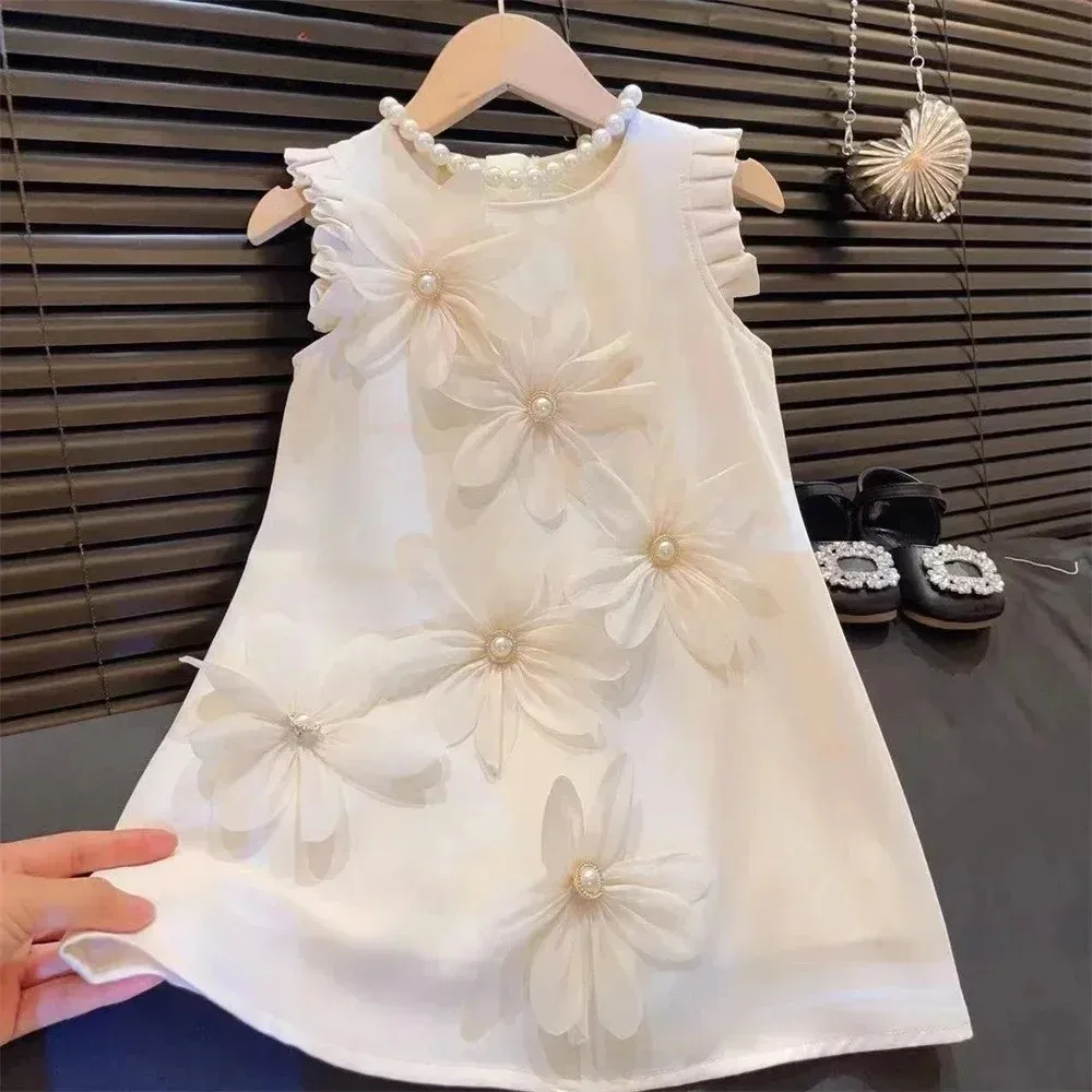Summer New Solid Color 3D Flower Decoration Princess Dress Sleeveless Casual Dresses for Girls Birthday Costumes 2-12 Years Wear