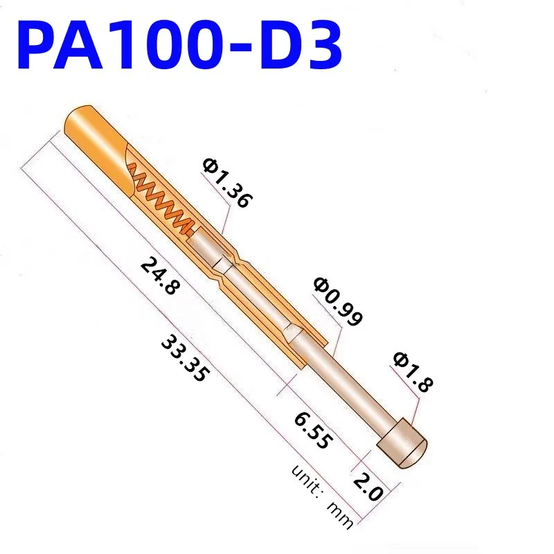 100PCS PA100-D3 Spring Test Probe PA100-D Test Pin P100-D P100-D3 Test Tool 33.35mm 1.36mm Needle Gold Tip Dia 1.80mm Pogo Pin