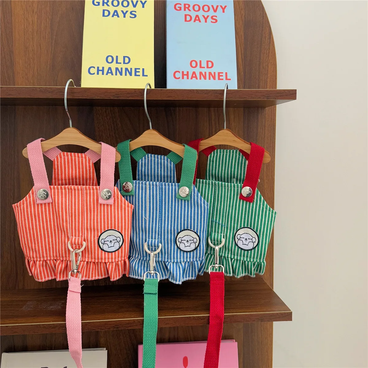 Striped Korean Style Pet Clothes, Dog Harness Leash Vest Combo for Teddy Cats Small Dogs, Cute Pet Apparel for Daily Walk