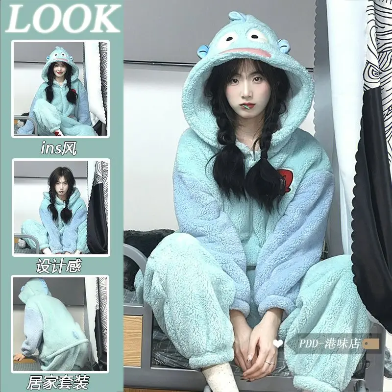 Han edition cute cartoon hooded coral fleece pajamas women autumn/winter 2022 thickening warm home pay jumpsuits pigiama  donna