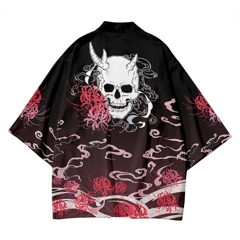 Women Men Haori Yukata Casual Loose Black Skeleton Print Cardigan Kimono Summer Beach Streetwear Traditional Samurai Clothes