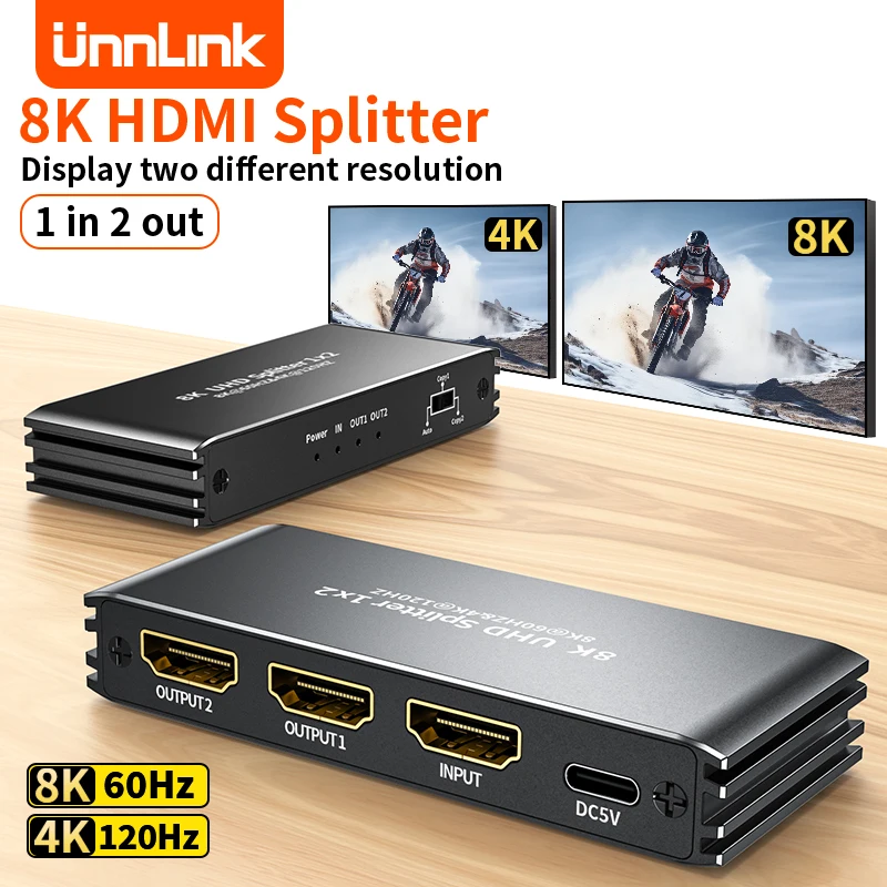 

Unnlink HDMI Splitter 1 In 2 Out 8K@60Hz 4K@120Hz Support Dolby Vision Atmos ALL HDR UHD VRR for Mac Mini PS5 XBox to TV Monitor