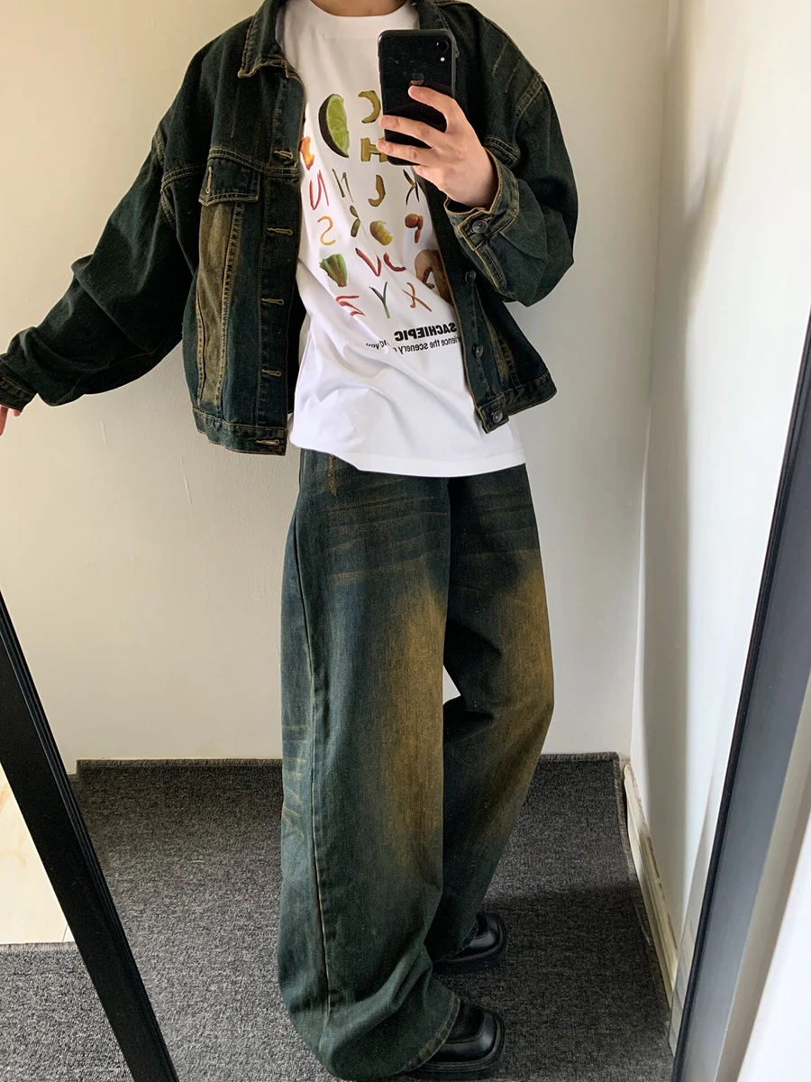 REDDACHiC 90s Retro Skater Men Baggy Jeans Green Wash Adjust-waist Casual Wide Leg Oversize Pants Y2k Trousers Plus Size Clothes