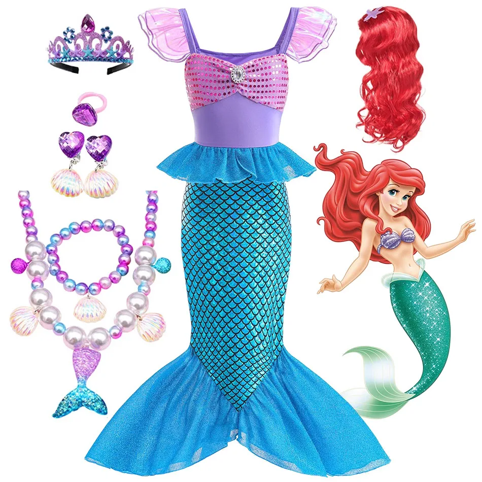 Disney Ariel Little Mermaid Costume Halloween Kid Dress For Girls Children Carnival Birthday Party Clothes Cosplay Mermaid Dress