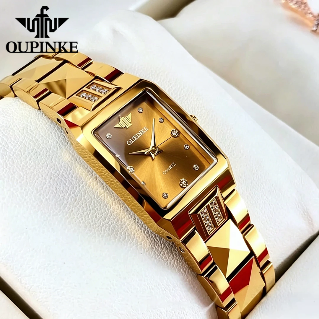 OUPINKE Women's Watches Luxury Gold Tungsten Steel Original Quartz Wristwatch Sapphire Mirror Waterproof Trend Square Watch 3246