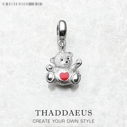 Authentic 925 Sterling Silver Teddy Bear Red Heart Charm Pendant Cute Gift For Women Fits Charms Bracelet Necklace DIY Jewelry