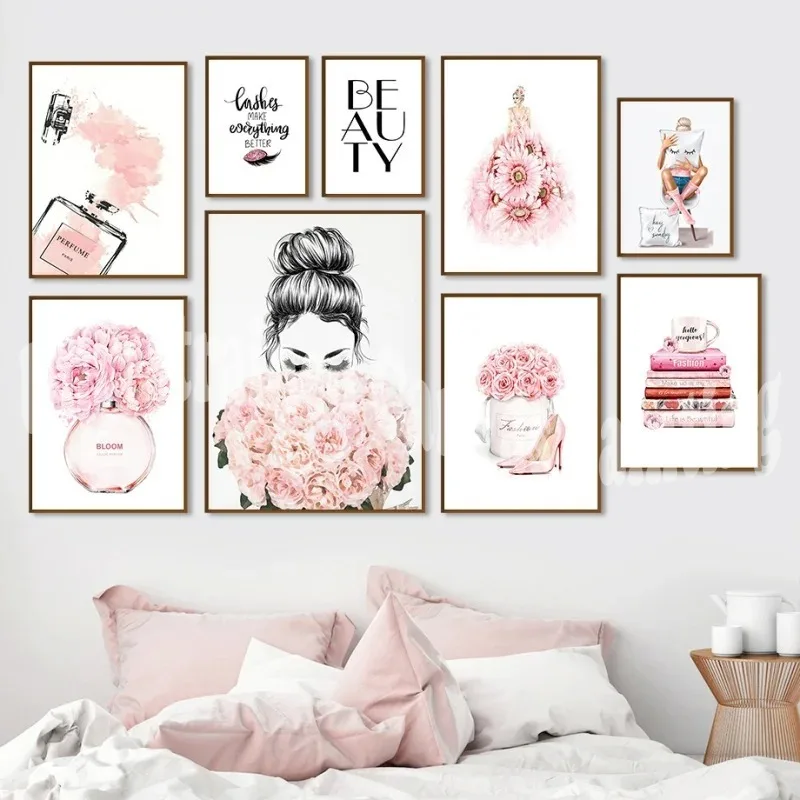 Fashion Makeup Pink Wall Art Women'S Perfume Canvas Painting Art Posters And Prints Home Decor Modern Sweet Flower Painting