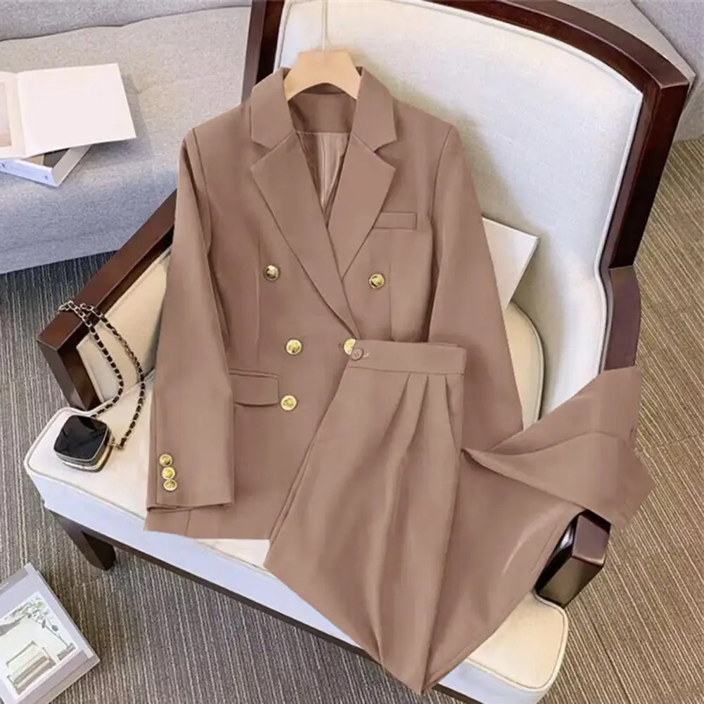 

Women Coat Pants Set Women Solid Color Suit Stylish Women's Double-breasted Pants Set Formal Business Ol Commuting Style