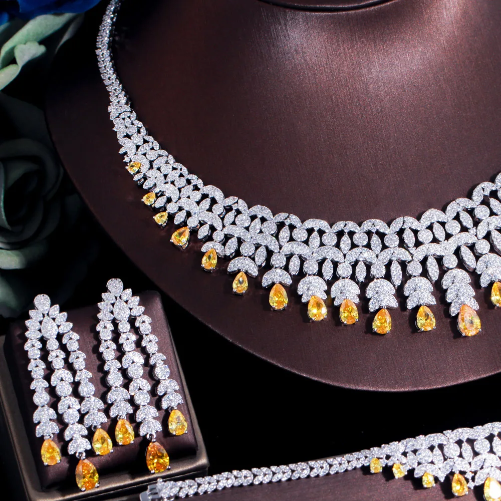 

ThreeGraces 4 шт. элегантный блестящий желтый кубический цирконий Роскошный нигерийский Дубай свадебный комплект ювелирных изделий для женщин TZ718