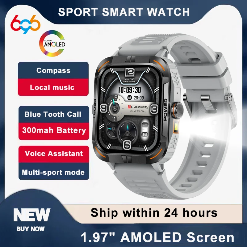 

Smart Watch AMOLED Screen Outdoor Flashlight Sport Blue Tooth call Music Waterproof Health Smartwatch Compass Calculator Weather