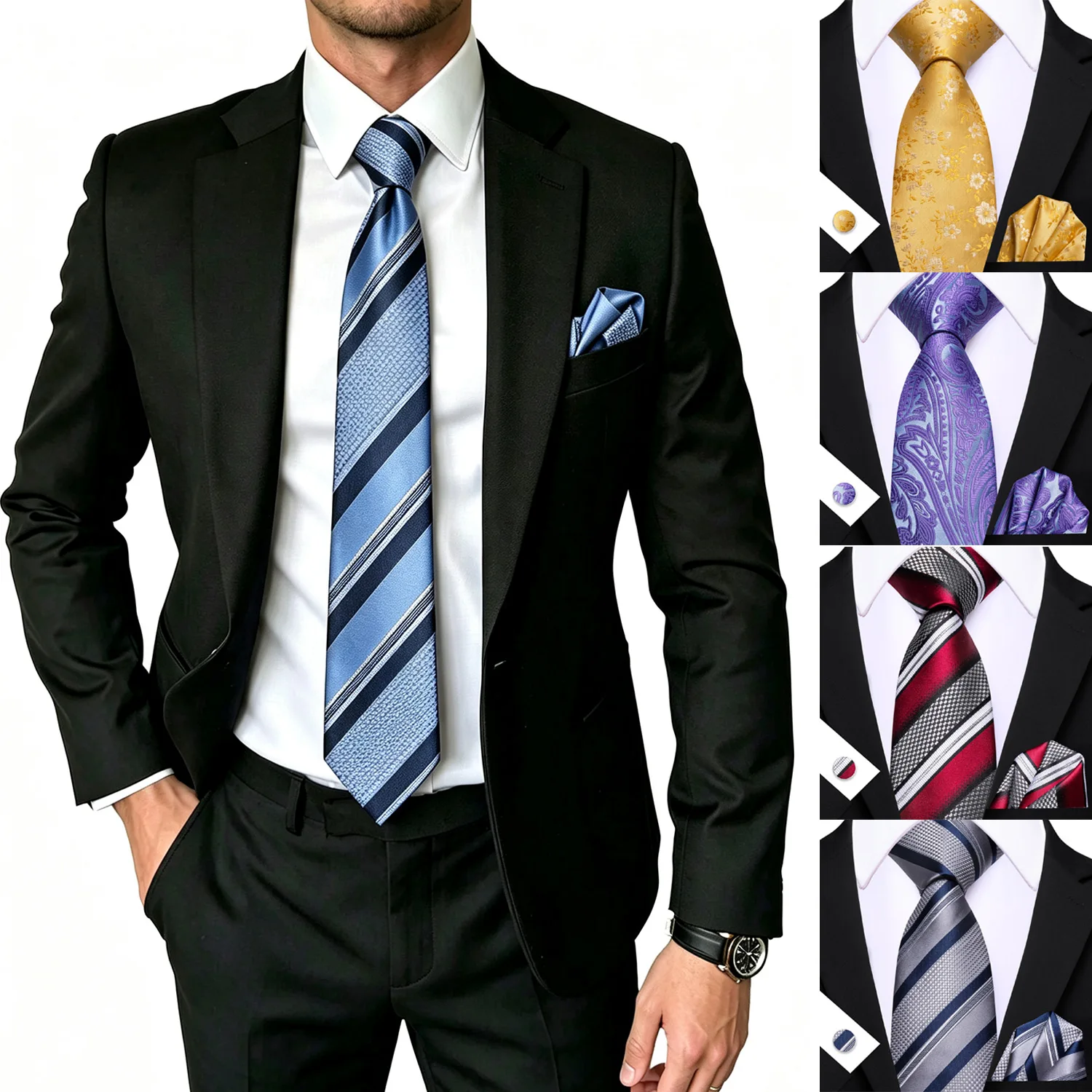 Gold Purple Silver Tones Mens Tie Set 3PCS, Paisley Striped Tie Cufflinks Handkerchief Set