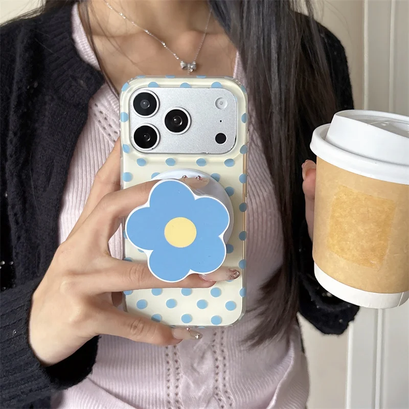 Korean Minimalist Blue Polka Dot Phone Case For iPhone 17 16 Pro 15 14 Pro Max with Flower Stand Holder Shockproof Cases