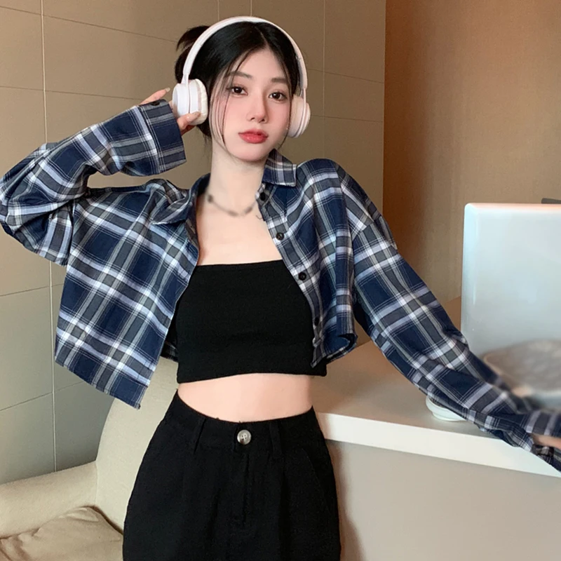 Korea Style Women's Casual Plaid Turn-down Collar Shirts Fall/Spring Girly Long Sleeve Loose Fit Versatile Cropped Blouse Shirt