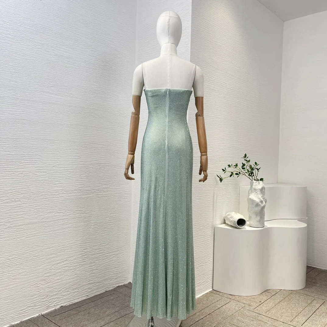 Vestido maxi de tubo sem mangas feminino, diamantes verdes recortados dobras, qualidade superior, luxo, última coleção, para festa, 2023