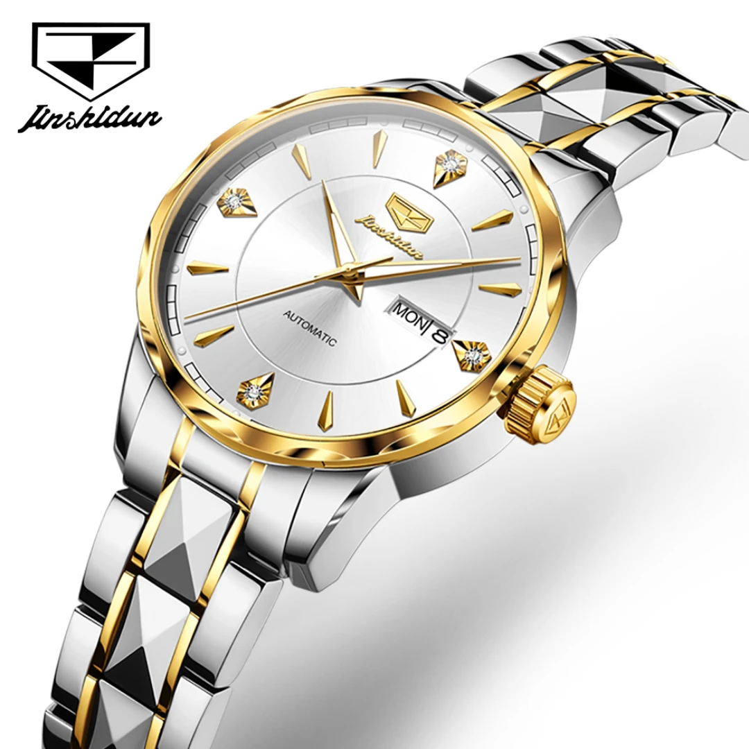 JSDUN 8975 Mechanical Fashion Watch Gift Stainless Steel Watchband Round-dial Wristwatch Week Display Calendar