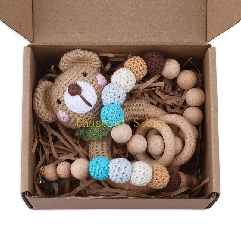 

E7CE Animal Crochet Rattle Compact Wooden Baby Teether Pacifier Soother Chains Gift for Newborn Boys Girls