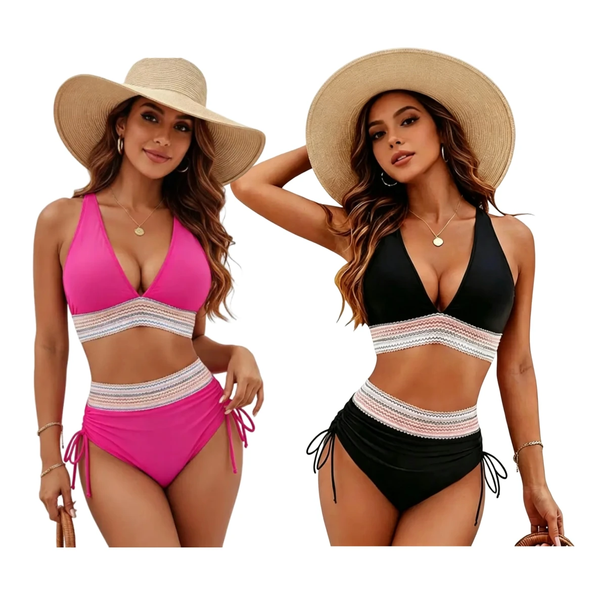 

Женский комплект бикини с высокой талией, разноцветный купальник с волнистыми полосками и лоскутным узором, купальник с завязками на шее, комплект из двух предметов, однотонный пляжный купальник