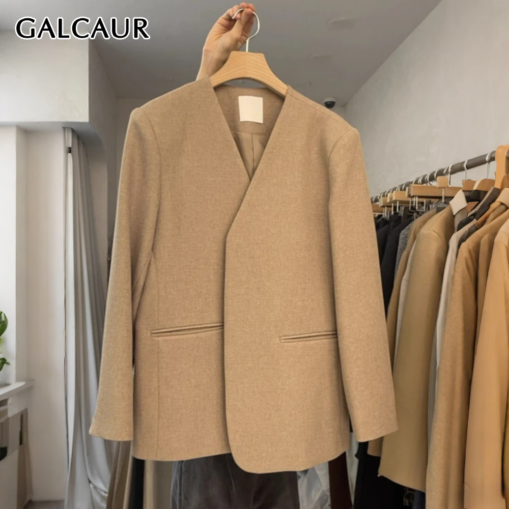 

GALCAUR однотонная французская куртка с карманами, женская свободная темпераментная женская куртка с v-образным вырезом и длинными рукавами, осенняя модная стильная новинка