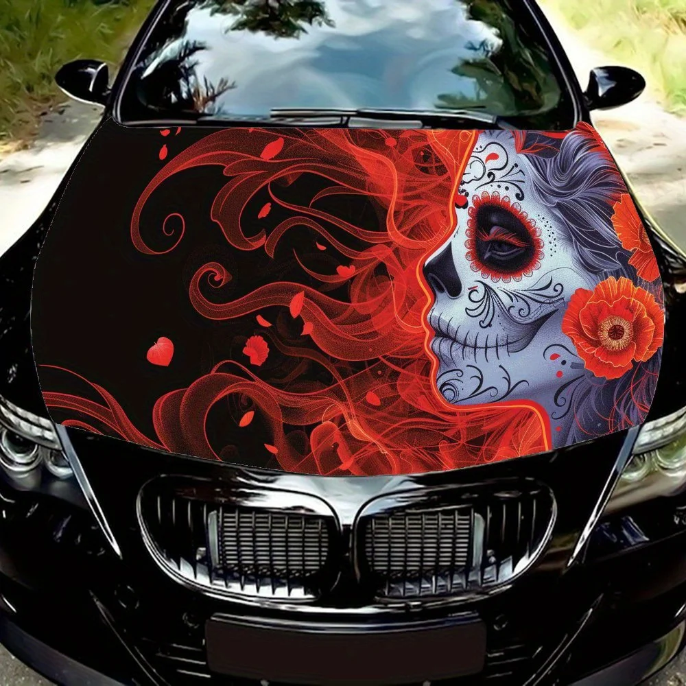 

Red - Flamed Rose Skull Print car hood stickers, waterproof self-adhesive, scratch resistant, easy to stick, durable car PVC sti