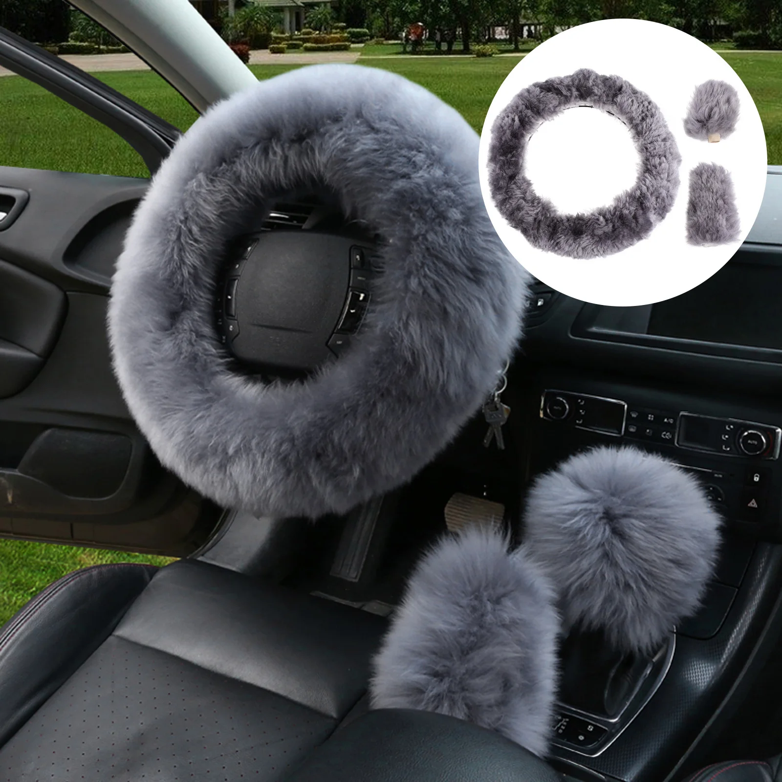 

3Pcs Grey Wool Steering Wheel Cover Winter Warmth Handbrake Gear Protector Soft Anti-Slip Car Interior Decoration