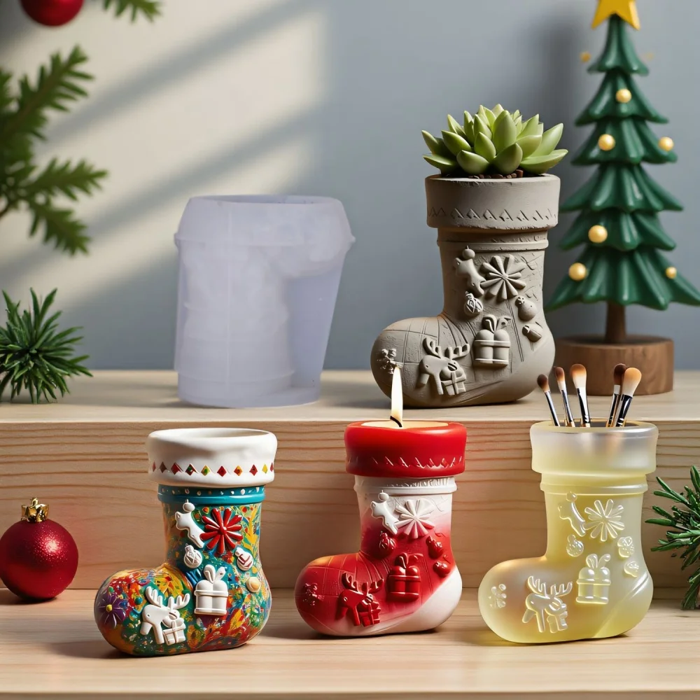 Epoxy Resin Mold Multi Functional Plaster Concrete Mould Candle Cup Mold Reusable Christmas Boots Mold For Storage Container