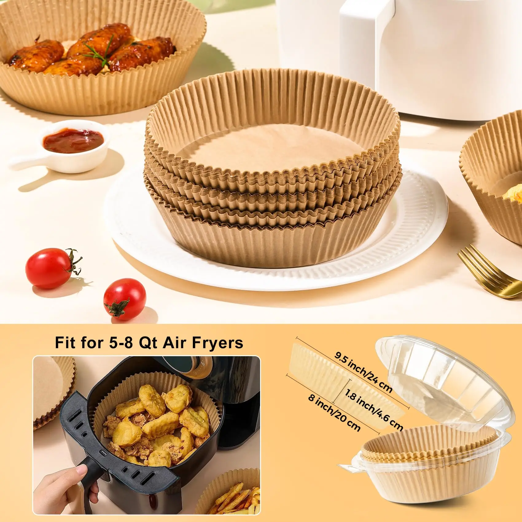 200 circular disposable air fryer liners, 6.3in/8in non stick oil proof paper, heat-resistant baking tray, suitable for air fryers, ovens, microwaves, and kitchen cooking